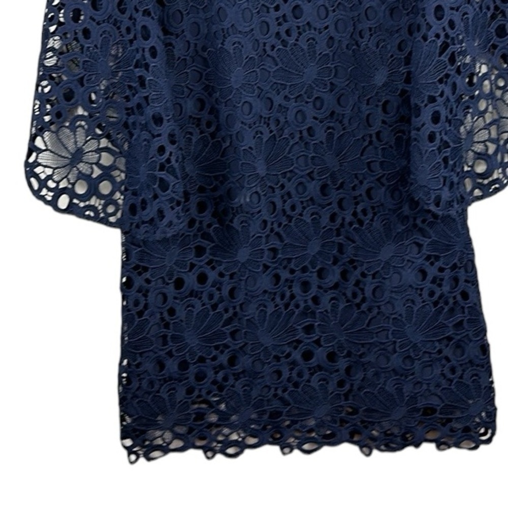 Nanette Lepore Dark Navy Crochet Eyelet Split Bell Sleeve Shift Dress Size 12 - Picture 9 of 10